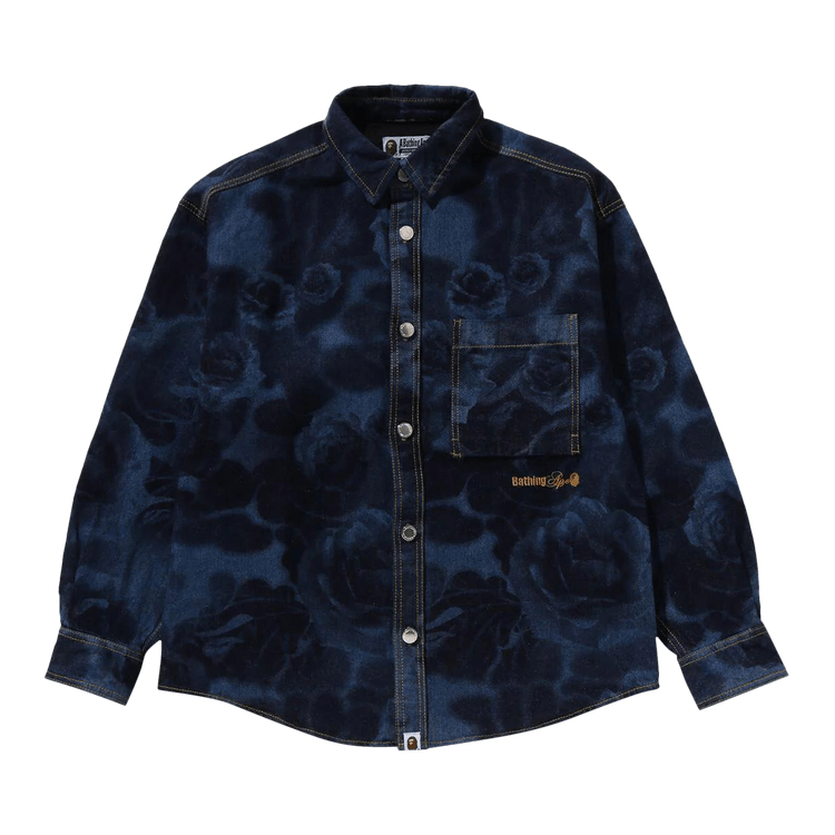 Bape Floral Camo Jacquard 13oz Denim Long Sleeve Shirt 'navy'