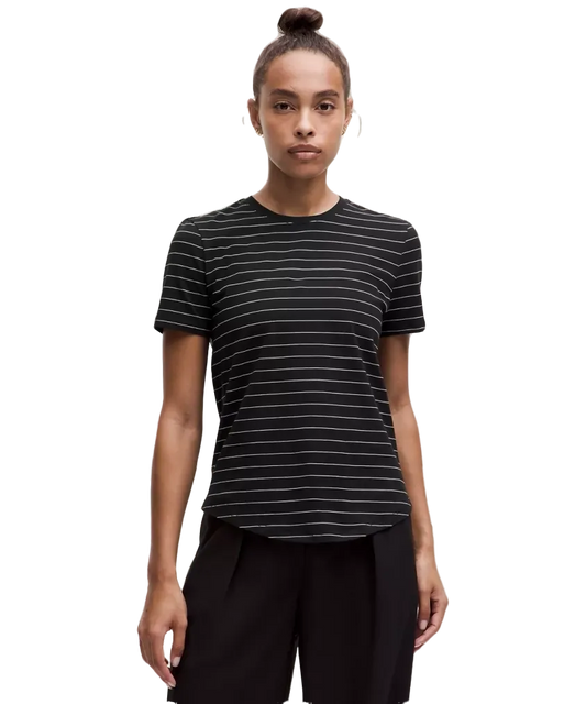 Lululemon Love Curved Hem Crewneck T Shirt Short Serve Stripe Black White