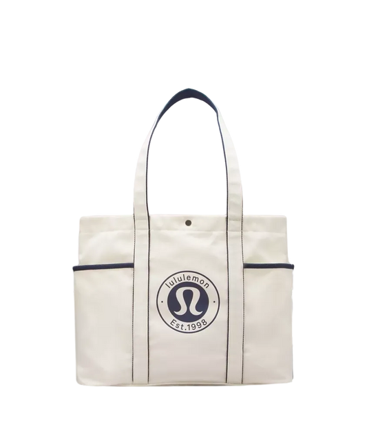Lululemon Daily Multi Pocket Canvas Tote Bag 20l Logo Natural/true Navy