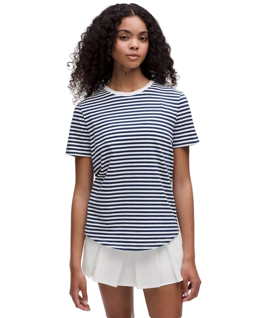 Lululemon Love Curved Hem Crewneck T Shirt Narrow Bold Stripe Club Blue White