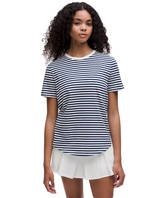 Lululemon Love Curved Hem Crewneck T Shirt Narrow Bold Stripe Club Blue White