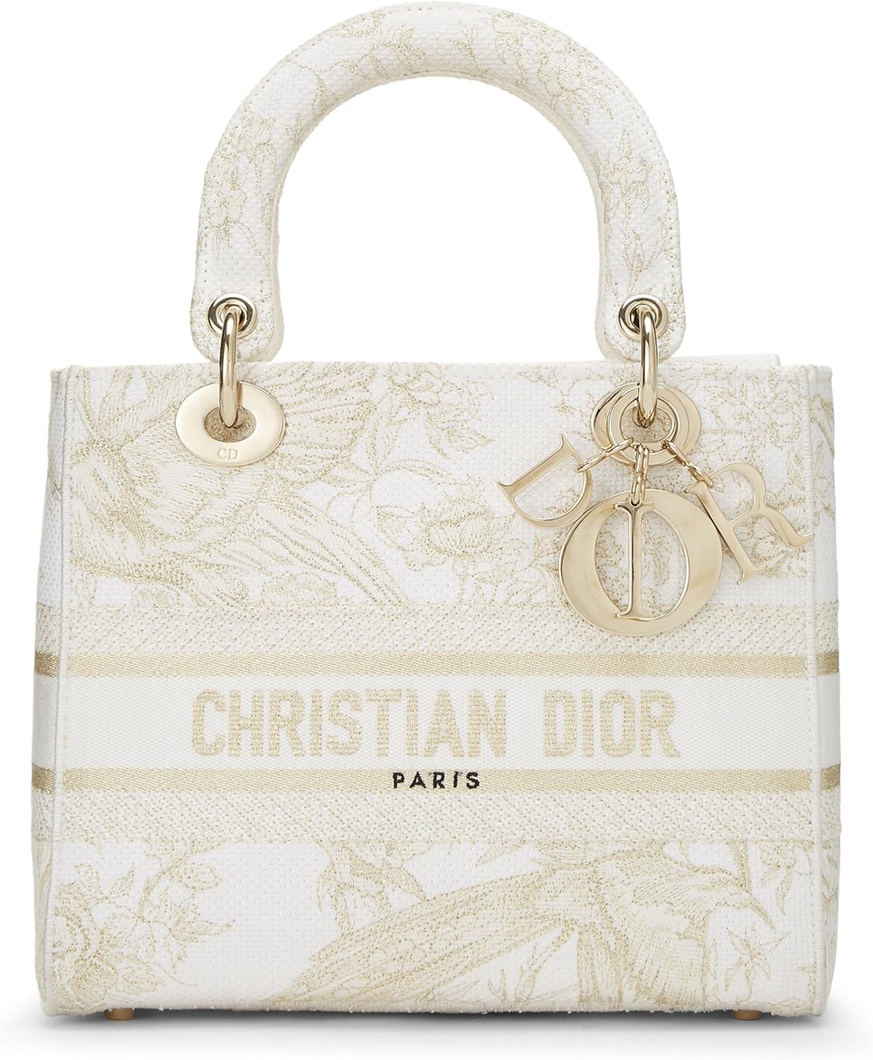 Pre Loved White & Gold Embroidered Canvas Lady D Lite Medium White